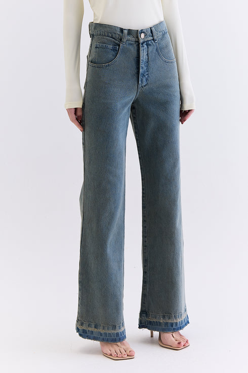 CALÇA JEANS RETA AZUL ESVERDEADO